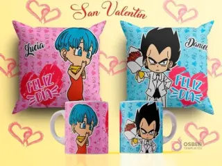 Diseños de sublimación para tazas y cojines del Día del Amor con Vegeta en traje y Bulma de Dragon Ball, Vegeta ofreciendo flores, fondos azul y rosa con el texto 'Feliz Día'.