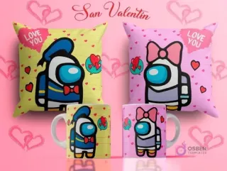 Plantillas de sublimación para tazas y cojines del Día del Amor con personajes de Among Us disfrazados de Donald y Daisy, fondos amarillo y rosa con el texto 'Love You'.
