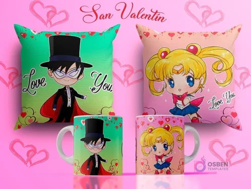 Diseños de sublimación para tazas y cojines del Día del Amor con Tuxedo Mask y Sailor Moon, fondos verde y rosa con el texto 'Love You'.