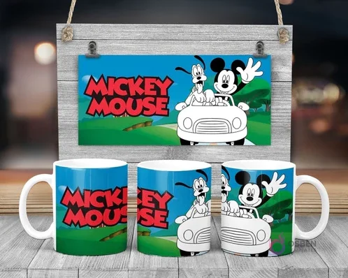 Plantilla sublimación taza infantil Disney Mickey Mouse y Pluto para pintar en coche, fondo azul y logo Mickey Mouse