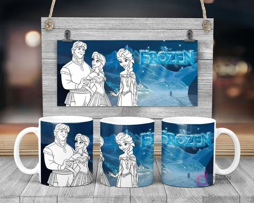 Plantilla sublimación taza infantil Disney Frozen con Anna y Elsa para pintar, paisaje invernal y logo Frozen