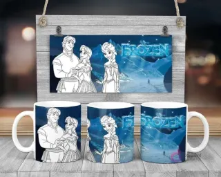 Plantilla sublimación taza infantil Disney Frozen con Anna y Elsa para pintar, paisaje invernal y logo Frozen