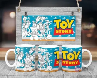 Plantilla sublimación taza infantil Disney Toy Story con Woody, Buzz Lightyear y amigos para pintar, fondo azul cielo y logo Toy Story