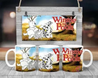 Plantilla sublimación taza infantil Disney Winnie the Pooh y Tigger para pintar, fondo de bosque otoñal y logo Winnie the Pooh