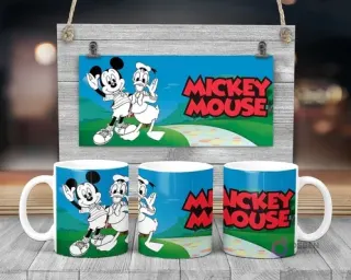 Plantilla sublimación taza infantil Disney Mickey Mouse y Donald Duck para pintar, fondo azul campestre y logo Mickey Mouse