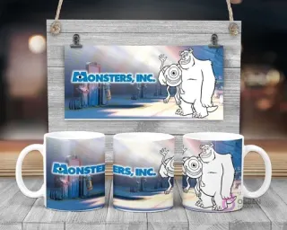 Plantilla sublimación taza infantil Disney Monsters Inc. con Sulley y Mike Wazowski para pintar, fondo de fábrica y logo Monsters Inc.