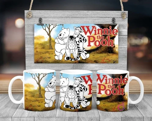 Plantilla sublimación taza infantil Disney Winnie the Pooh, Tigger y Eeyore para pintar, fondo de bosque otoñal y logo Winnie the Pooh