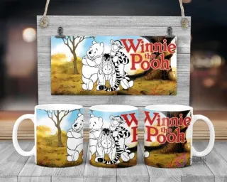 Plantilla sublimación taza infantil Disney Winnie the Pooh, Tigger y Eeyore para pintar, fondo de bosque otoñal y logo Winnie the Pooh