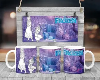 Plantilla sublimación taza infantil Disney Frozen con Elsa y Olaf para pintar, paisaje invernal morado y logo Frozen