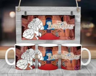 Plantilla sublimación taza infantil Disney La Bella y la Bestia con Bella y Bestia bailando para pintar, salón de baile y logo Beauty and the Beast