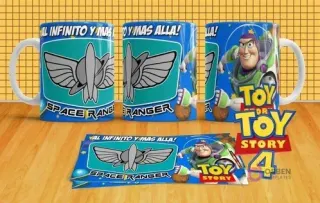 Mockup de tres tazas sublimadas con Buzz Lightyear, el logo Space Ranger y la frase 'Al infinito y más allá!'
