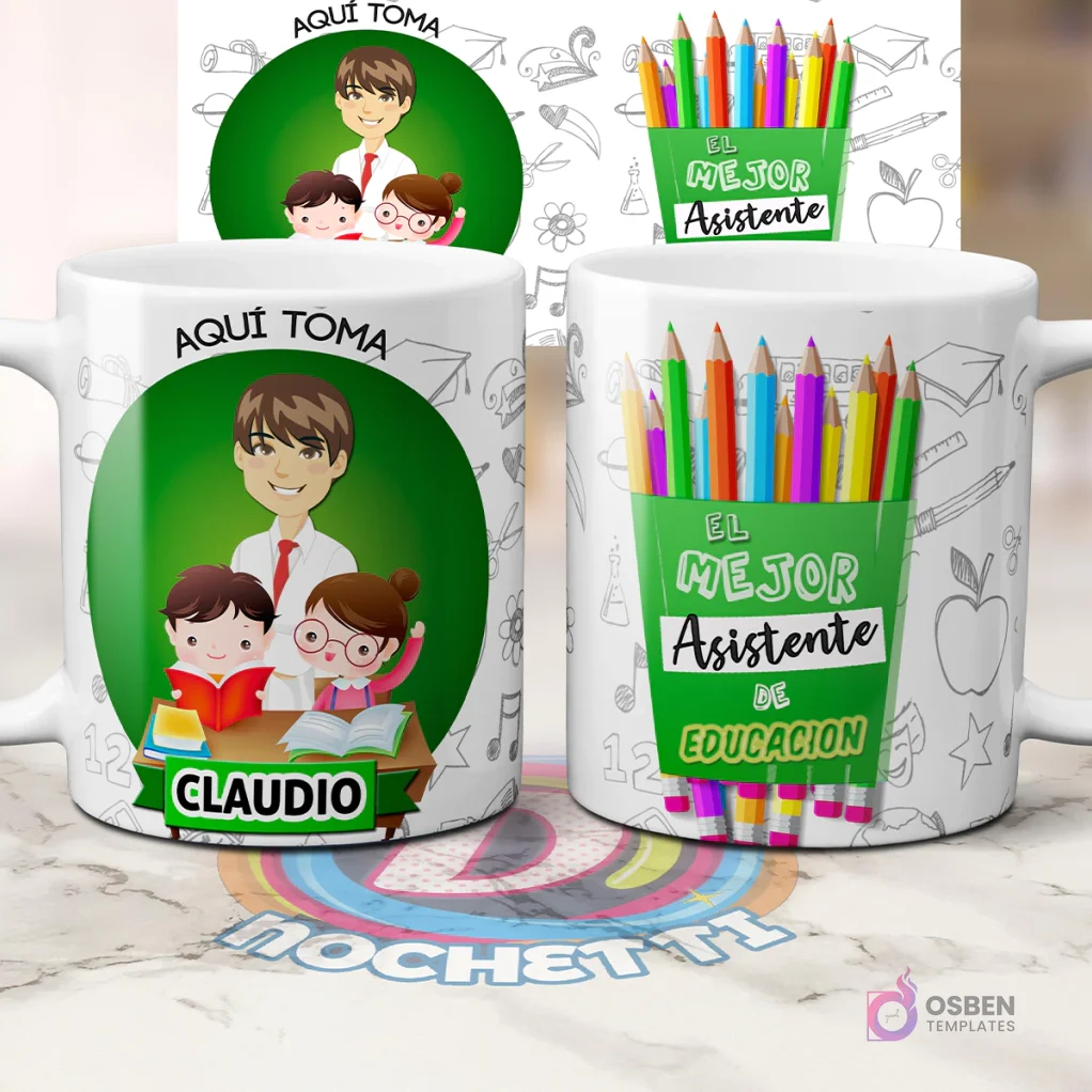 Mug sublimado para profesor con personaje masculino, texto 'Aquí Toma Claudio' y 'El Mejor Asistente de Educación', rodeado de garabatos escolares.