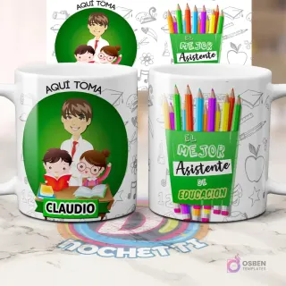 Mug sublimado para profesor con personaje masculino, texto 'Aquí Toma Claudio' y 'El Mejor Asistente de Educación', rodeado de garabatos escolares.