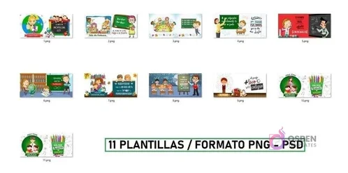 Vista en miniatura de los 11 diseños de plantillas para tazas de profesor, con texto '11 PLANTILLAS / FORMATO PNG - PSD'.