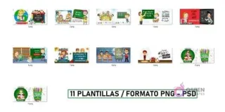 Vista en miniatura de los 11 diseños de plantillas para tazas de profesor, con texto '11 PLANTILLAS / FORMATO PNG - PSD'.