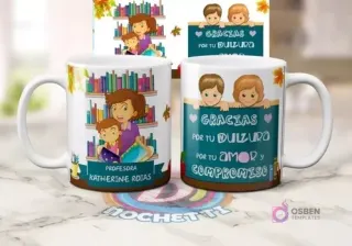 Mug sublimado para profesora, con personaje femenino rodeada de libros 'Profesora Katherine Rojas' y otra vista con niños y 'Gracias por tu dulzura, amor y compromiso'.