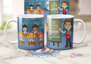 Mug sublimado con diseño de profesor con anteojos y estudiantes en aula, con frase 'Las enseñanzas de un gran profesor nunca se borran' sobre fondo de fórmulas.