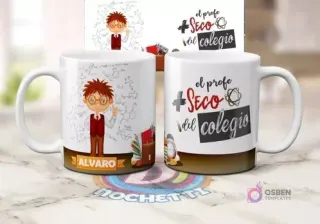 Mug sublimado con diseño de profesor 'Alvaro' y fórmulas químicas, y otra vista con texto 'El profe Seco del colegio'.