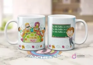 Mug sublimado con diseño infantil de 'Feliz día Profe' y otro con profesor señalando pizarra con 'No debo hablar en clases'.