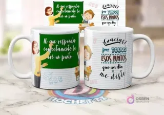 Mug sublimado con diseño de profesora señalando pizarra 'Al que responda correctamente le daré un punto' y otro con 'Gracias por todos esos puntos que un día me diste'.