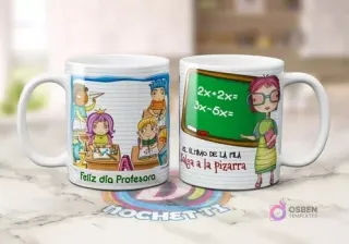 Mug sublimado con niños estudiando 'Feliz día Profesora' y otro con profesora de matemáticas 'El último de la fila salga a la pizarra'.