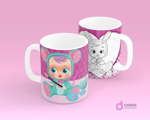Tazas sublimadas infantiles con diseño de Cry Baby a color y versión para colorear, ideal para niños