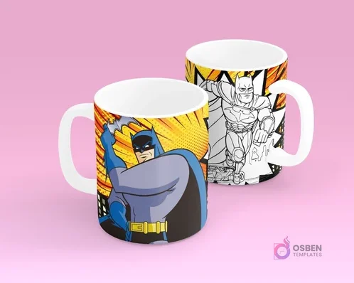 Tazas sublimadas para niños con diseño de Batman a color y su versión para pintar, estilo cómic