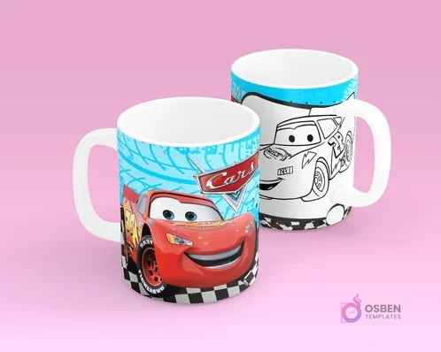 Tazas para sublimar con diseño de Rayo McQueen de Cars a color y su versión para pintar, temática automotor