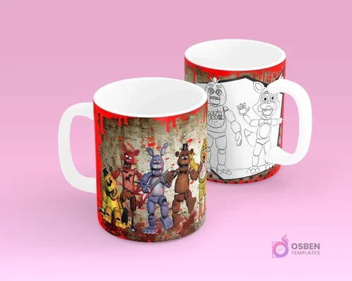 Tazas sublimadas con personajes de Five Nights at Freddy's (FNAF) a color y versión para pintar, temática videojuegos