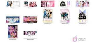 Una cuadrícula de diez miniaturas que muestran los 15 diseños incluidos en el pack: varios de BTS ('Dynamite', retratos, grupo), Blackpink (retratos, siluetas) y un diseño genérico de KPOP.