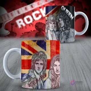 Taza blanca sublimada con ilustración estilo boceto de Freddie Mercury y Brian May de Queen, sobre un fondo de la bandera del Reino Unido. Fondo rojo con guitarra eléctrica y la palabra ROCK.