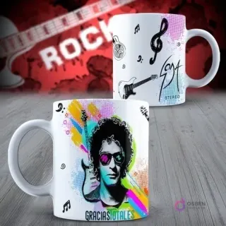 Taza blanca sublimada con un vibrante diseño de Gustavo Cerati (Soda Stereo) con gafas de sol, guitarra, notas musicales y la frase 'Gracias Totales'. Fondo rojo con guitarra eléctrica y la palabra ROCK.