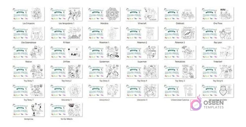 Cuadrícula mostrando 35 de las 80 plantillas infantiles JPG para sublimar tazas, con personajes como Los Simpsons, Pokémon y Toy Story.