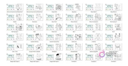 Visualización de 35 plantillas JPG para tazas infantiles, incluyendo personajes como Alicia, Bob Esponja, Capitán América y Dragon Ball Super.