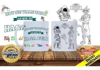 Par de tazas blancas sublimadas con diseños para colorear de personajes de Fortnite y la frase 'Hoy se vale todo lo que te haga feliz'.
