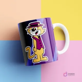 Taza sublimada con el diseño de Don Gato, vestido con sombrero y chaleco morado, sobre un fondo oscuro con tonos azules y morados diagonales, en un estudio de colores pastel.