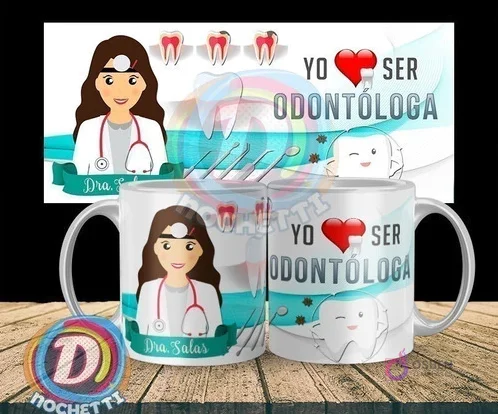 Taza sublimada con diseño 'Yo quiero ser Odontóloga', mostrando a una dentista de dibujos animados con instrumental y dientes sanos.