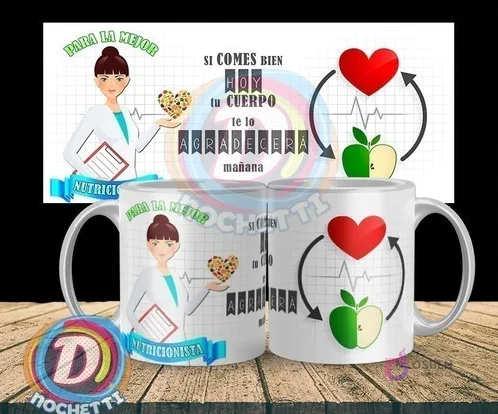 Taza sublimada con diseño de nutricionista 'Nutricionista' y la frase 'Si comes bien hoy, tu cuerpo te lo agradecerá mañana' con elementos de frutas y latidos.
