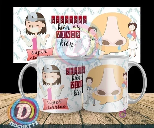 Taza sublimada con diseño de otorrinolaringóloga 'Súper Otorrino' con la frase 'Respirar bien es vivir bien' y figuras de nariz y enfermeras.