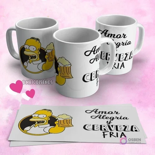 Tres tazas sublimadas con diseño de Homero Simpson bebiendo cerveza y frase 'Amor Alegría y Cerveza Fría', junto a las plantillas en papel.