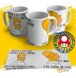 Tazas sublimadas con Homero Simpson enojado y frase 'Esta taza ya tiene dueño y no toque mi taza', con el logo de Mario Kart.
