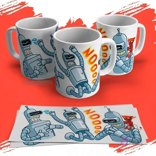 Tazas con diseños de Bender de Futurama en poses de enfado y la exclamación 'NOOOO', sobre un fondo rojo vibrante.