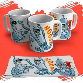 Tazas con diseños de Bender de Futurama en poses de enfado y la exclamación 'NOOOO', sobre un fondo rojo vibrante.