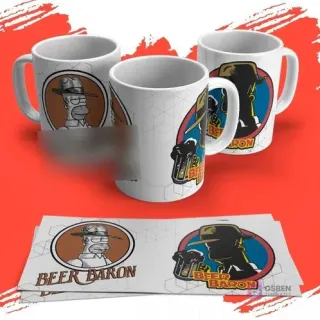 Tazas sublimadas con Homero Simpson disfrazado de 'Beer Baron' y silueta de él con sombrero, fondo rojo con patrón.
