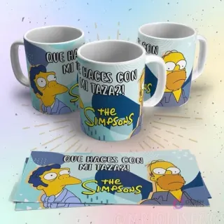 Tazas con diseño de Moe Szyslak y Homero Simpson preguntando '¿Qué haces con mi taza?!', con el logo de The Simpsons.
