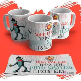 Tazas con diseño de Bender de Futurama bebiendo y la frase 'Todo este puto sistema está mal', con el logo de Planet Express.