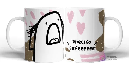 Taza sublimada con Flork blanco gritando y texto 'preciso cafeeee' en un fondo con manchas de café y corazones rosas.