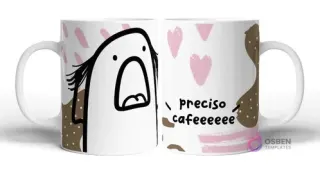 Taza sublimada con Flork blanco gritando y texto 'preciso cafeeee' en un fondo con manchas de café y corazones rosas.