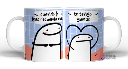 Taza sublimada con Flork con las manos juntas y la frase 'cuando lo leas recuerda que', y otro Flork formando un corazón con las manos y la frase 'te tengo ganas' en fondo azul a cuadros y detalles naranjas.