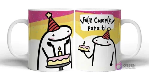 Taza sublimada con Flork con gorro de fiesta y torta de cumpleaños con vela, y otro Flork con gorro y un trozo de torta, con la frase 'Feliz Cumple para ti' en fondo colorido con puntos.